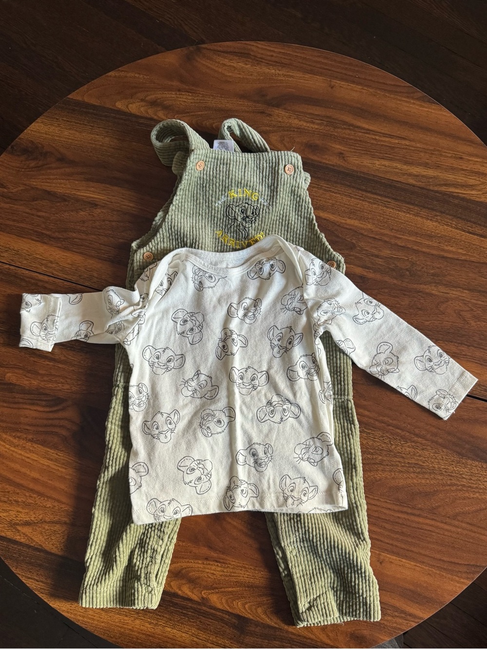 Disney baby Kids Olive Green Corduroy Overalls and Cream Printed Top Set